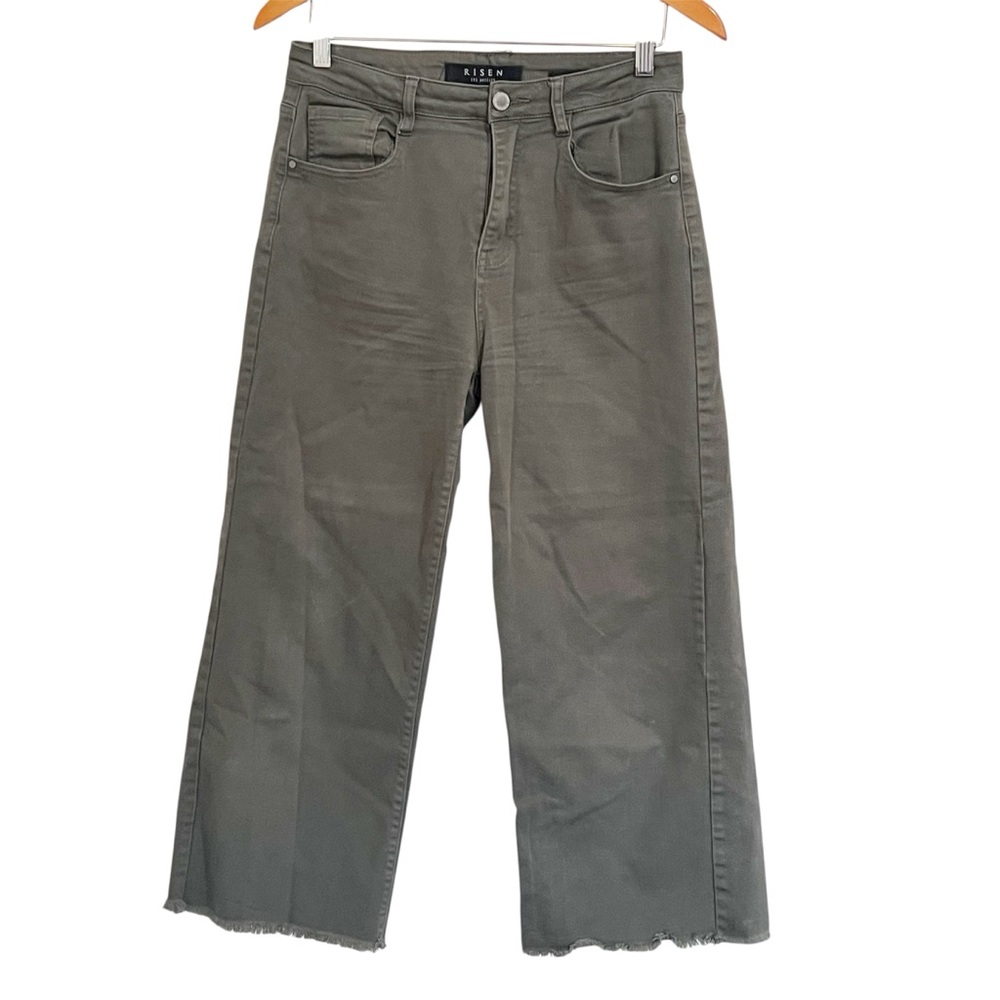 EUC Risen Los Angeles Dark Olive High Rise Frayed Hem Wide Leg Cropped Jeans
